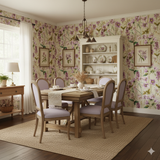 Floral Trillium Vale Wallpaper with a purple botanical pattern on a beige background.