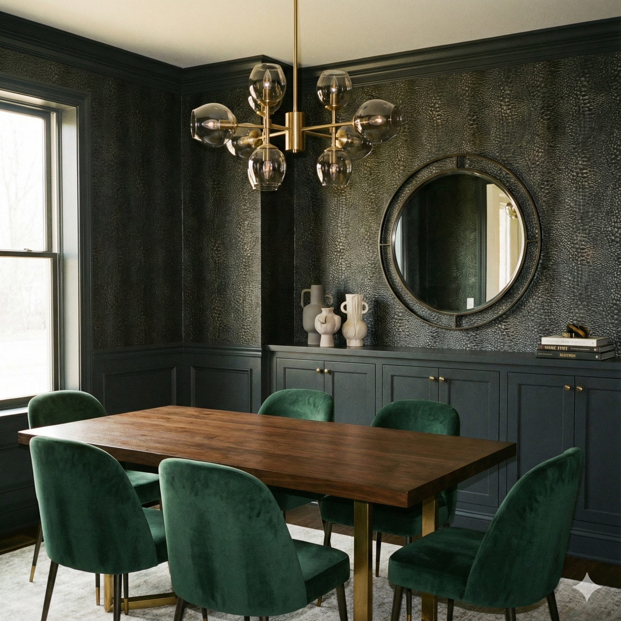 Gunmetal hide wallpaper with a textured, reptile-like pattern, paired with a dark green wainscoting and furniture in a stylish dining room setting.
