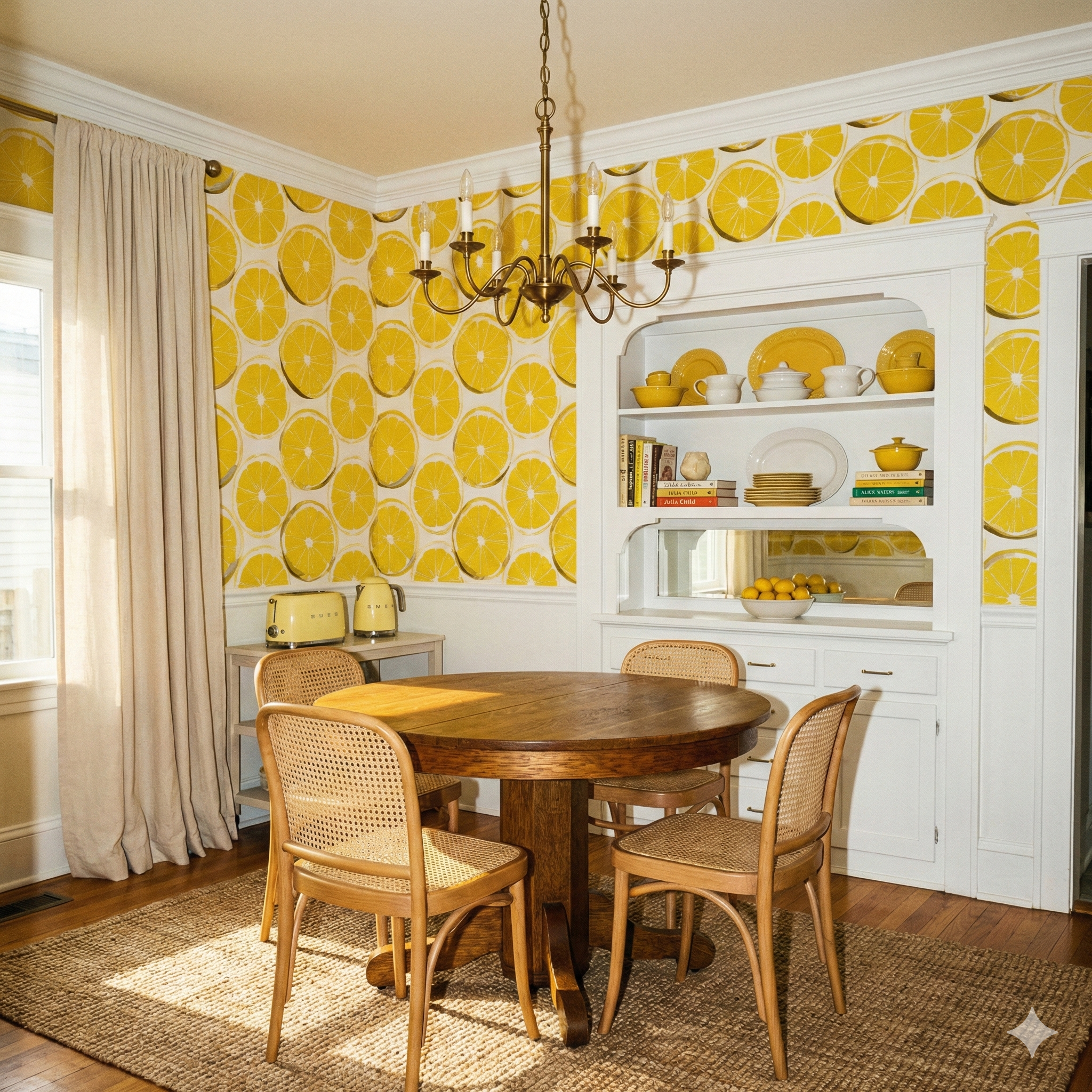 Citrine Wheel wallpaper with a bold lemon slice pattern on the walls of a dining room.