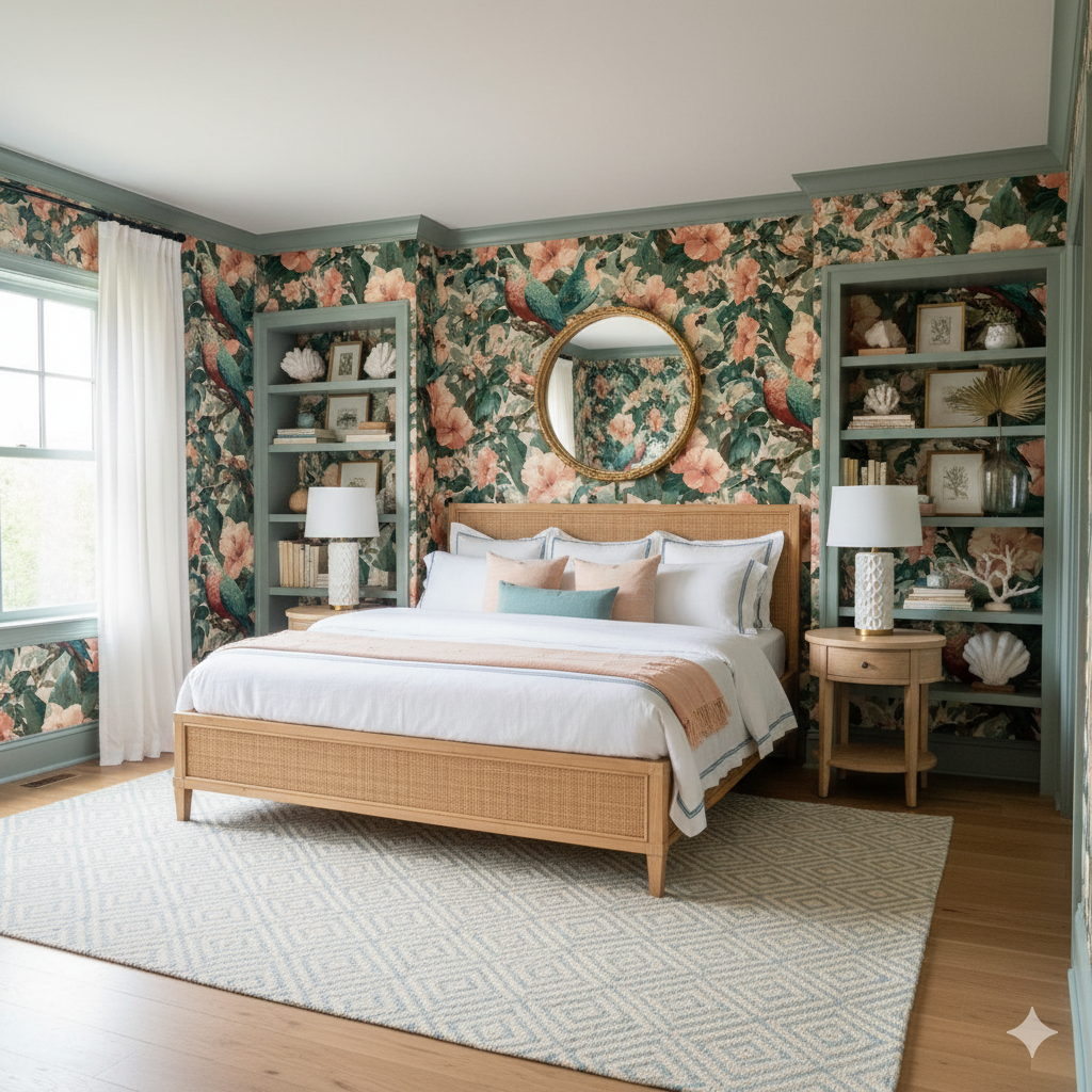 Floral wallpaper from Port of Verde, covering the bedroom walls and built-in shelves.