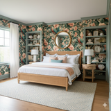 Floral wallpaper from Port of Verde, covering the bedroom walls and built-in shelves.