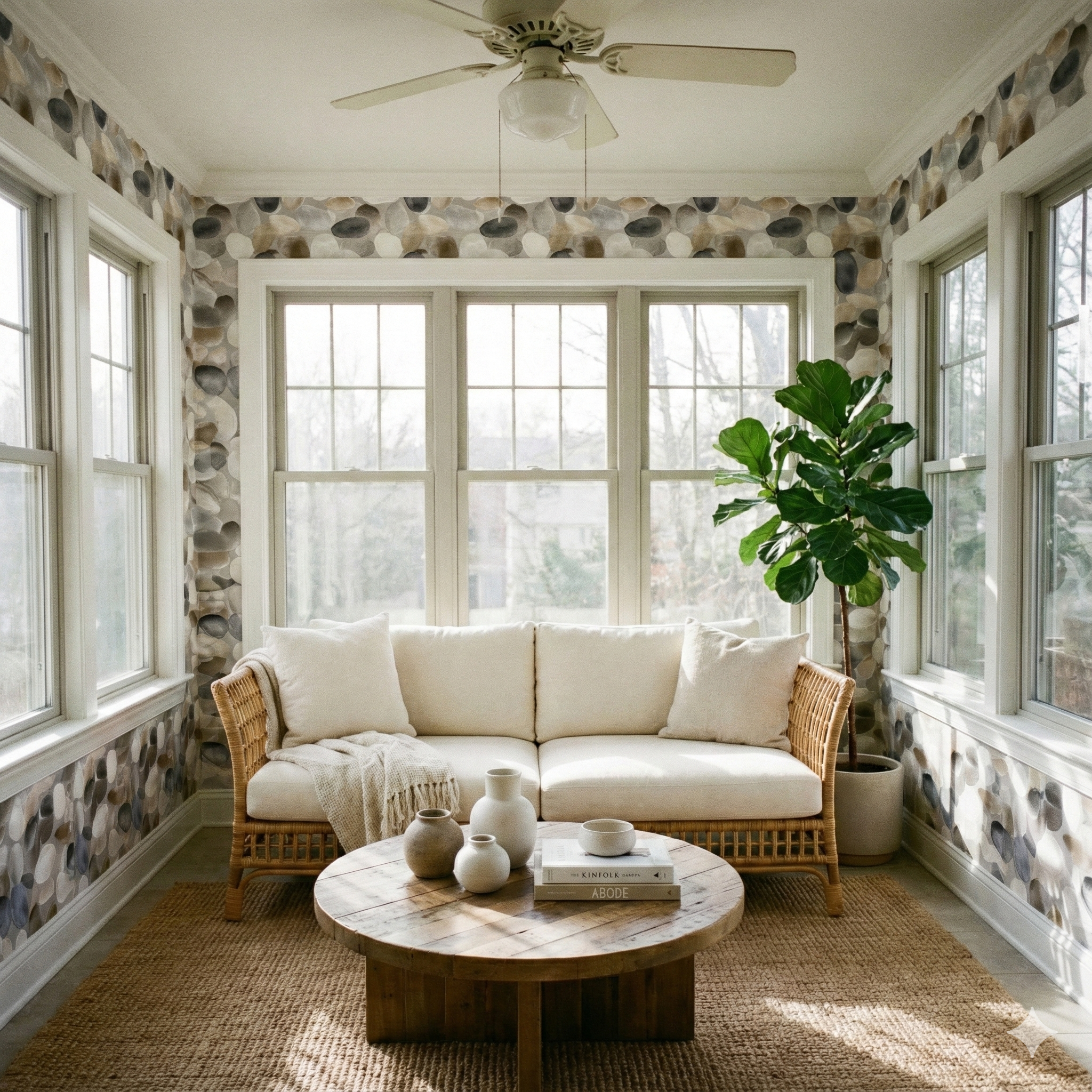 Pebblestone pattern wallpaper by Quarrywell with a neutral color palette in a bright sunroom.