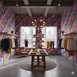 Colorful feather pattern wallpaper, with a bright tropical style, that covers the walls of a modern clothing boutique.