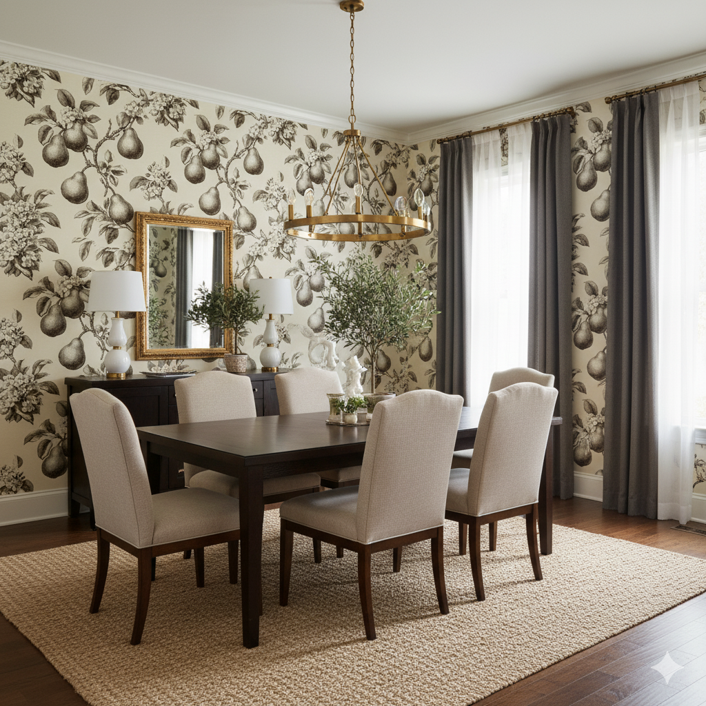Pear and Proper wallpaper with a floral and fruit pattern, covering a dining room wall.