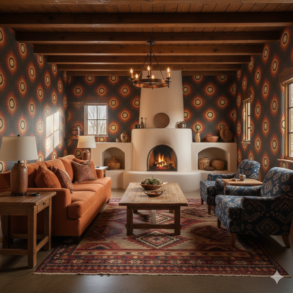 Solaris Crown wallpaper with a sunburst pattern, on the walls of a Southwestern-style living room with a fireplace.
