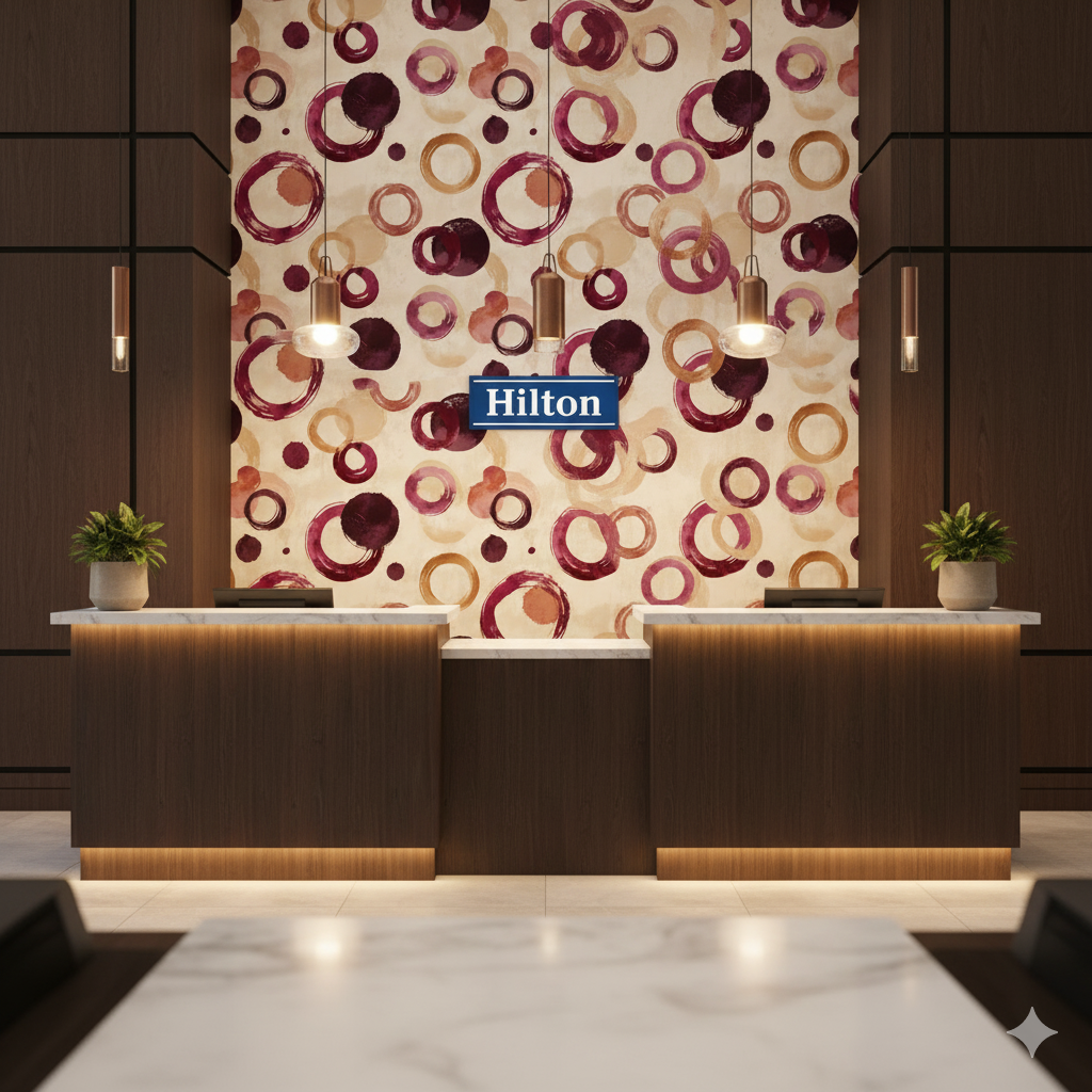 Bordeaux Echo wallpaper by Wallshoppe featuring a pattern of overlapping red and beige watercolor circles.
