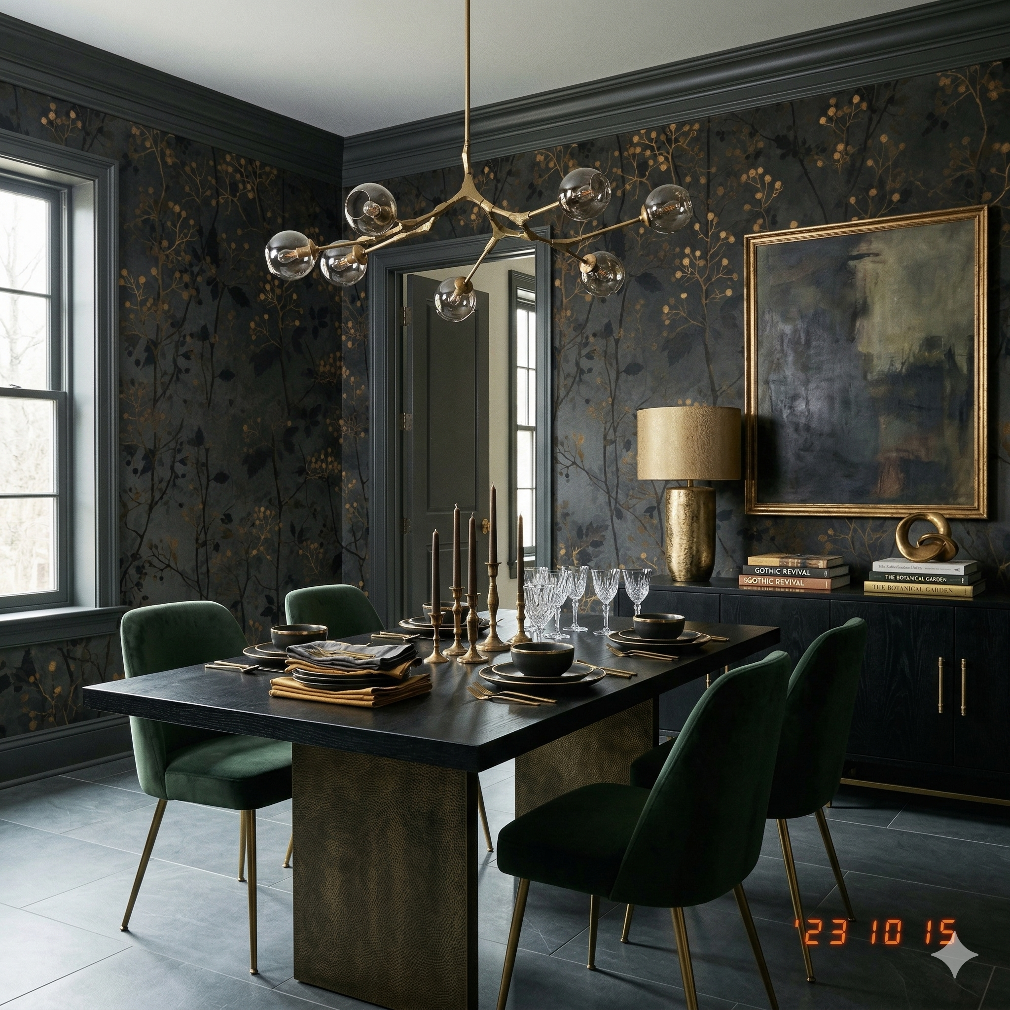 Dark floral wallpaper with gold canopy design, featuring an opulent pattern and atmospheric mood.
