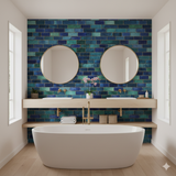 Tide tile wallpaper featuring shades of blue and green with a gold grid, patterned as a bathroom backsplash.
