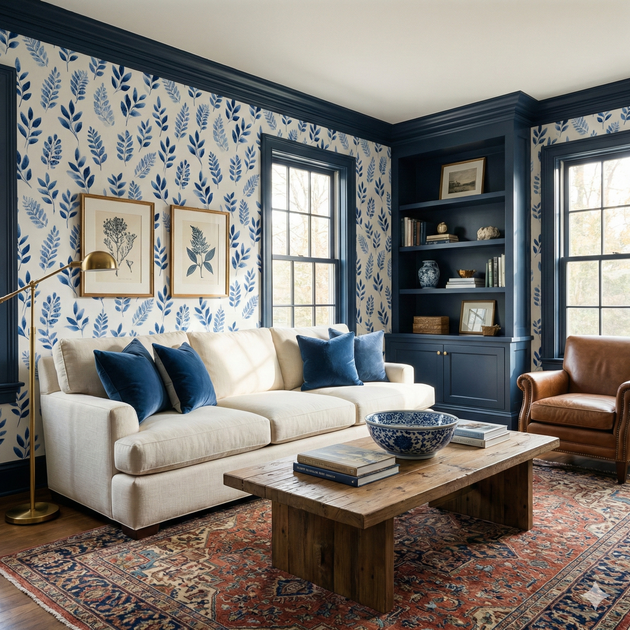 Indigo wallpaper with leaf pattern, from Field Notes, in a styled living room.
