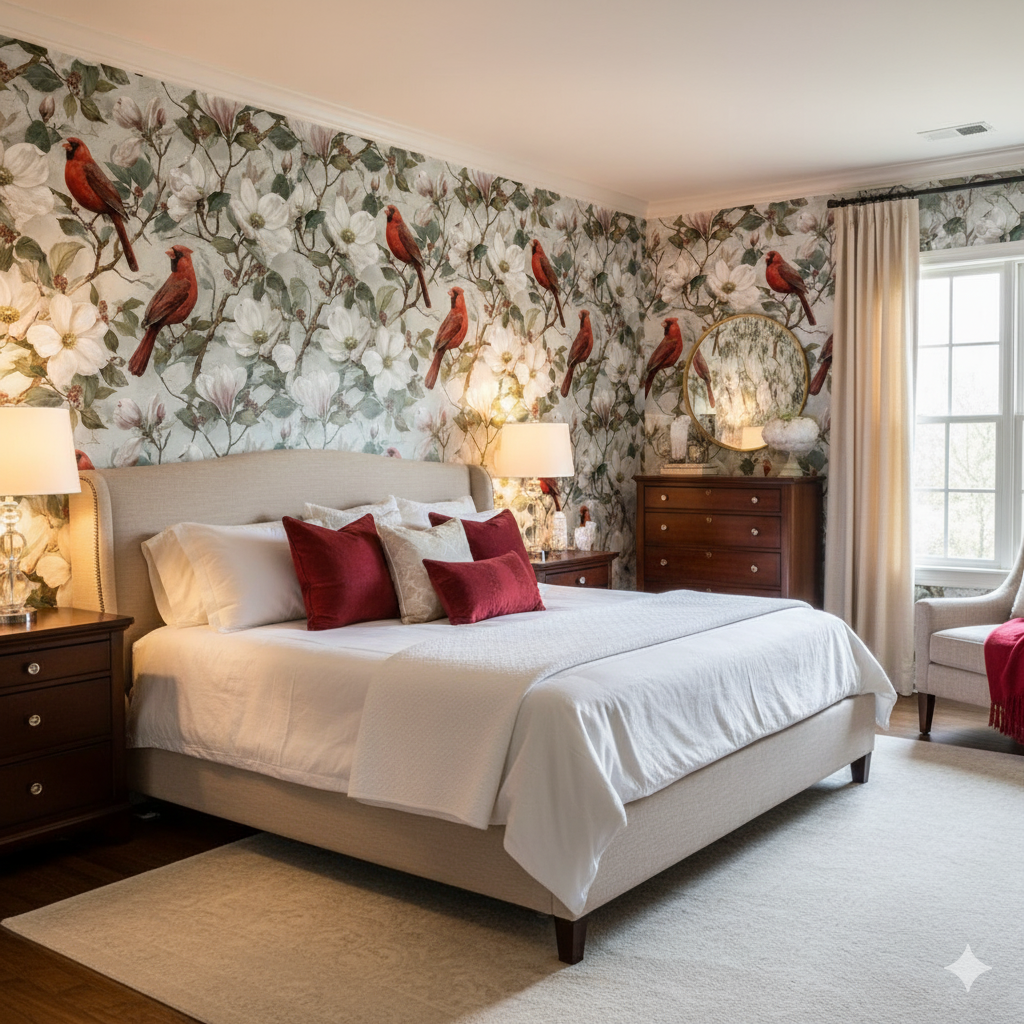 Cardinal's Rest wallpaper, floral patterned, with red cardinal birds, shown on a bedroom wall.