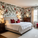 Cardinal's Rest wallpaper, floral patterned, with red cardinal birds, shown on a bedroom wall.