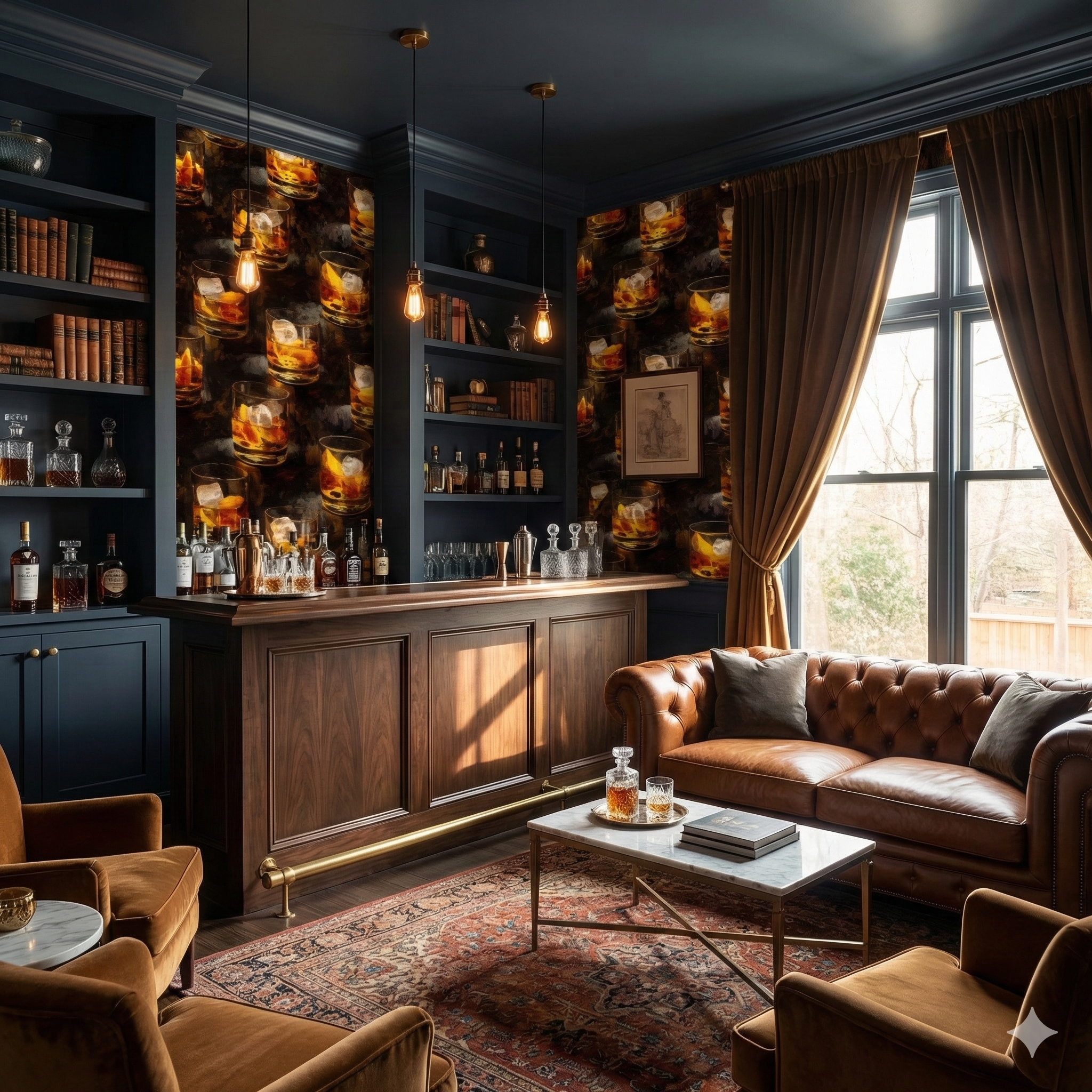 Patterned wallpaper with rocks glasses print from Nocturne, decorating a luxurious bar area.
