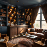 Patterned wallpaper with rocks glasses print from Nocturne, decorating a luxurious bar area.

