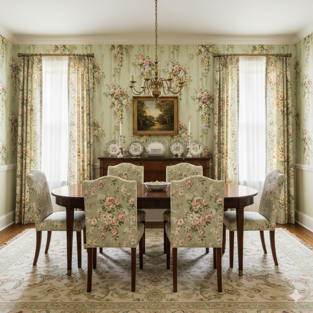 Floral Maison de Lys Wallpaper, with trailing floral patterns and green background.

