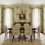 Floral Maison de Lys Wallpaper, with trailing floral patterns and green background.
