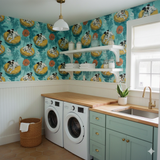 Sunchaser Floatline Wallpaper with a whimsical dog pattern on a blue background.