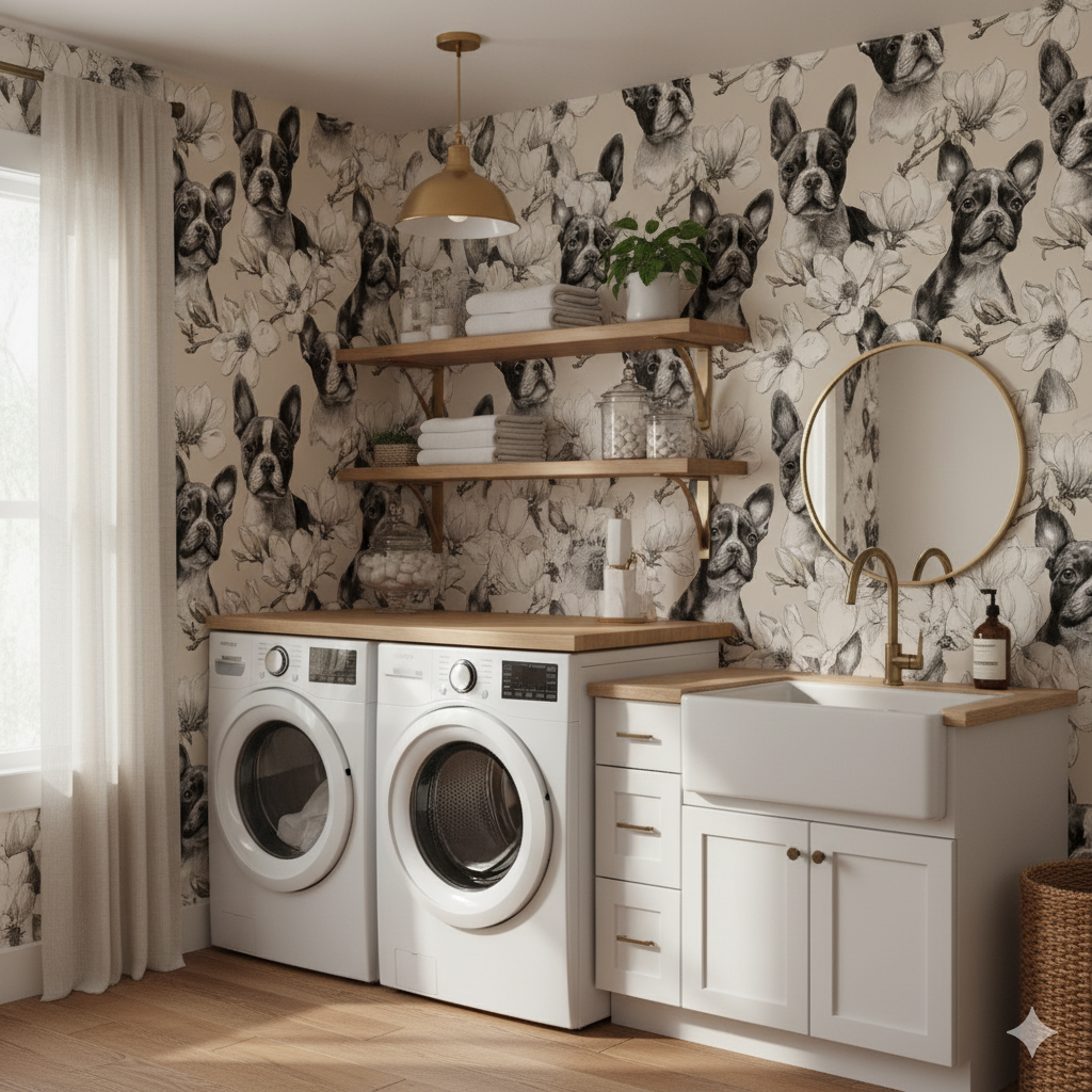Magnolia Companions Wallpaper with dog and flower pattern, covering a laundry room.
