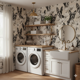 Magnolia Companions Wallpaper with dog and flower pattern, covering a laundry room.

