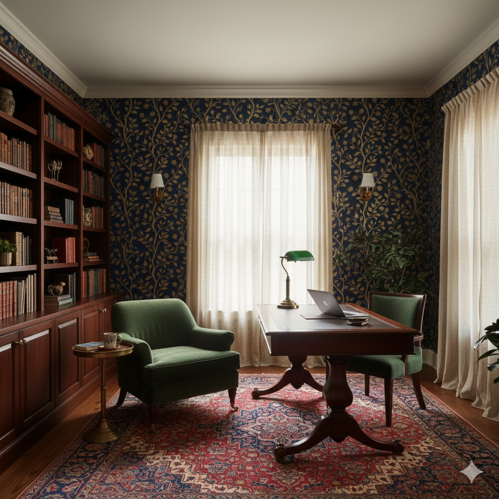 Orangerie Wallpaper with gold leaf floral pattern on navy background.