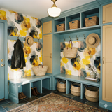 Citrine Bloom Wallpaper featuring a floral pattern with yellow and grey blooms.