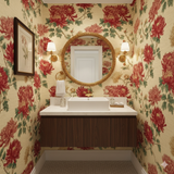 East Asian Bloom Wallpaper with red floral pattern covering the wall in the bathroom.