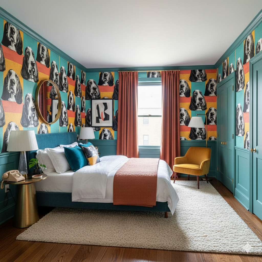 Mod Basset Wallpaper with a quirky dog-face pattern, covering bedroom walls.