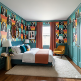 Mod Basset Wallpaper with a quirky dog-face pattern, covering bedroom walls.