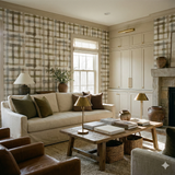 Check wallpaper with a plaid pattern, visible on a living room wall.