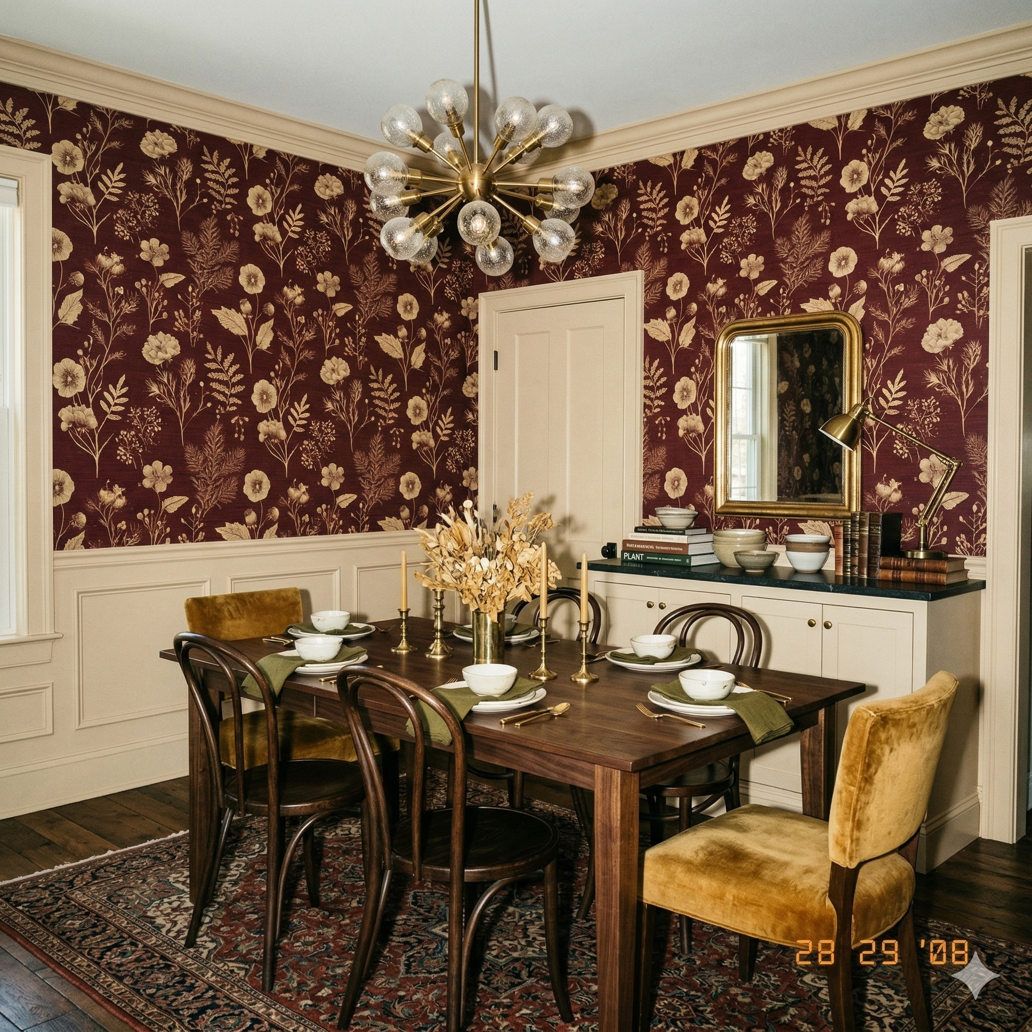 Floral wallpaper in crimson and gold with botanicals pattern, and a sputnik-style light fixture overhead.
