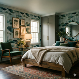 Blue Lotus Canes Wallpaper with leaf pattern on a bedroom wall, styled with rustic furniture and eclectic décor.