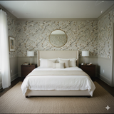 Floral Ashen Bloom Wallpaper with a light gray background, accented with tree branch and floral patterns.