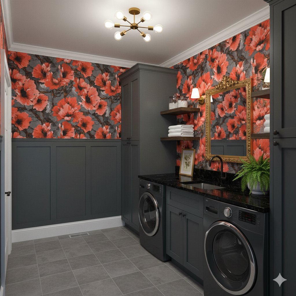 Emberveil Wallpaper with red poppy floral design, covering the walls in a traditionally styled laundry room.
