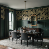 Patterned wallpaper with black dogs on gold by Blackthorn Estate, in a dining room setting.
