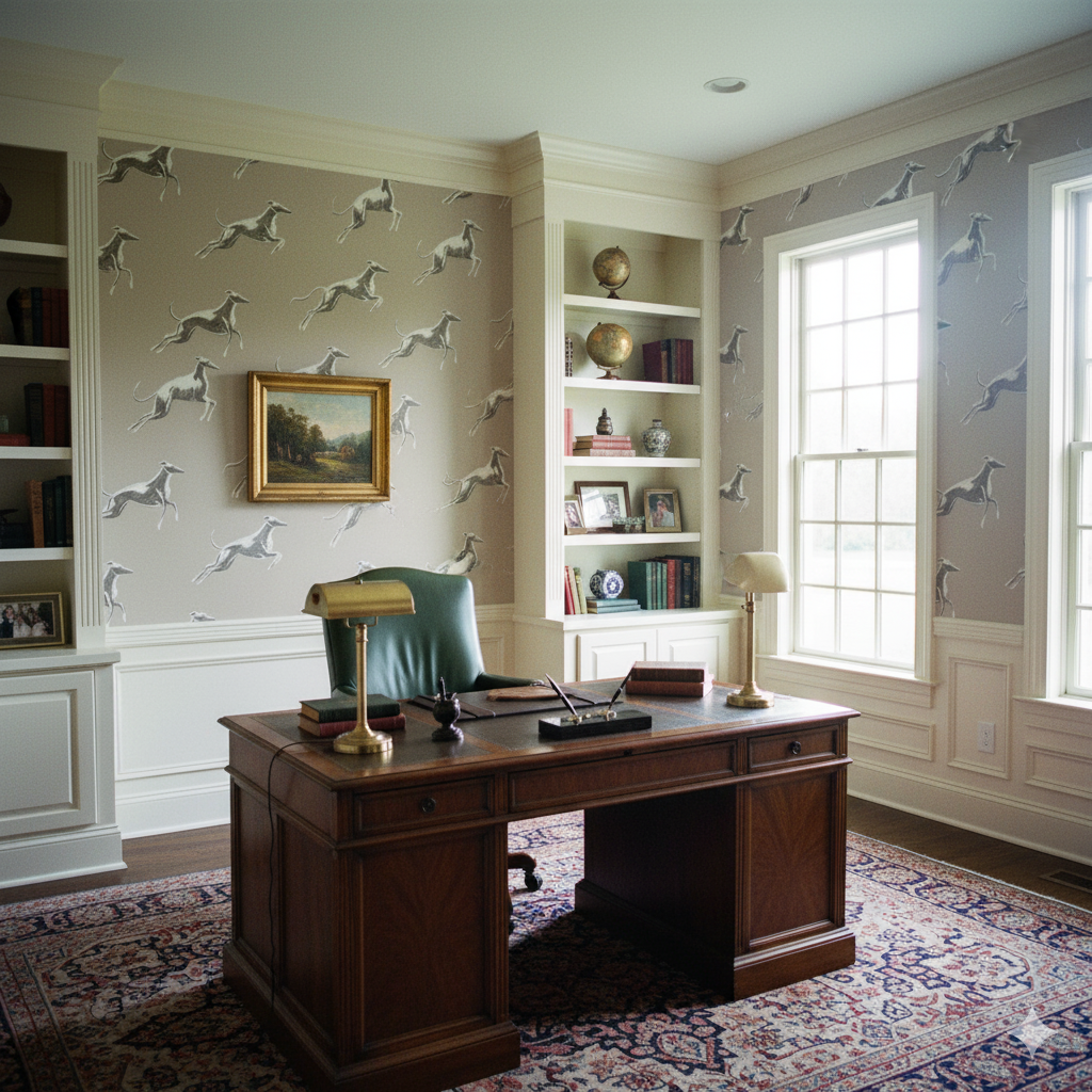 Patterned wallpaper by Dash & Form featuring greyhound dog silhouettes on a light beige backdrop.