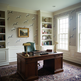 Patterned wallpaper by Dash & Form featuring greyhound dog silhouettes on a light beige backdrop.