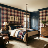 Redwood Ledger Wallpaper, patterned with red and white plaid, covering a traditional bedroom's walls.