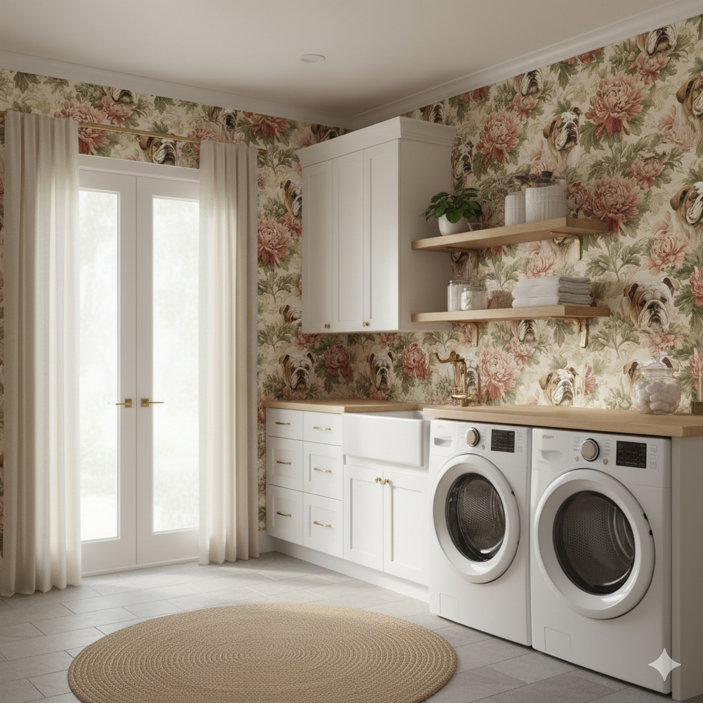 English Garden Bulldogs Wallpaper with a floral and bulldog pattern.
