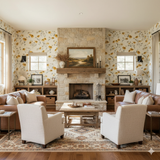 Floral wallpaper with yellow flower pattern on white background, decorated with traditional interior style.