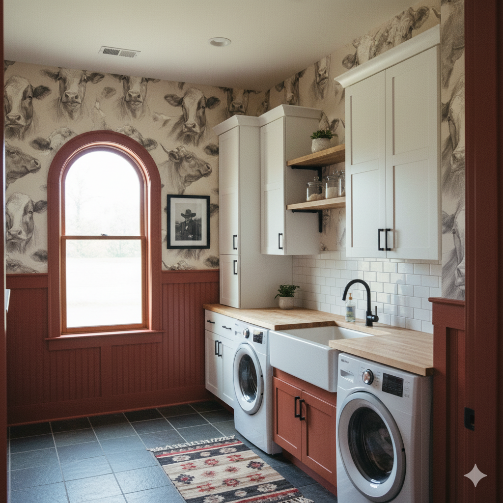Stillwater Herd Wallpaper with cow print by Stillwater, displayed in a laundry room.