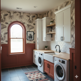 Stillwater Herd Wallpaper with cow print by Stillwater, displayed in a laundry room.