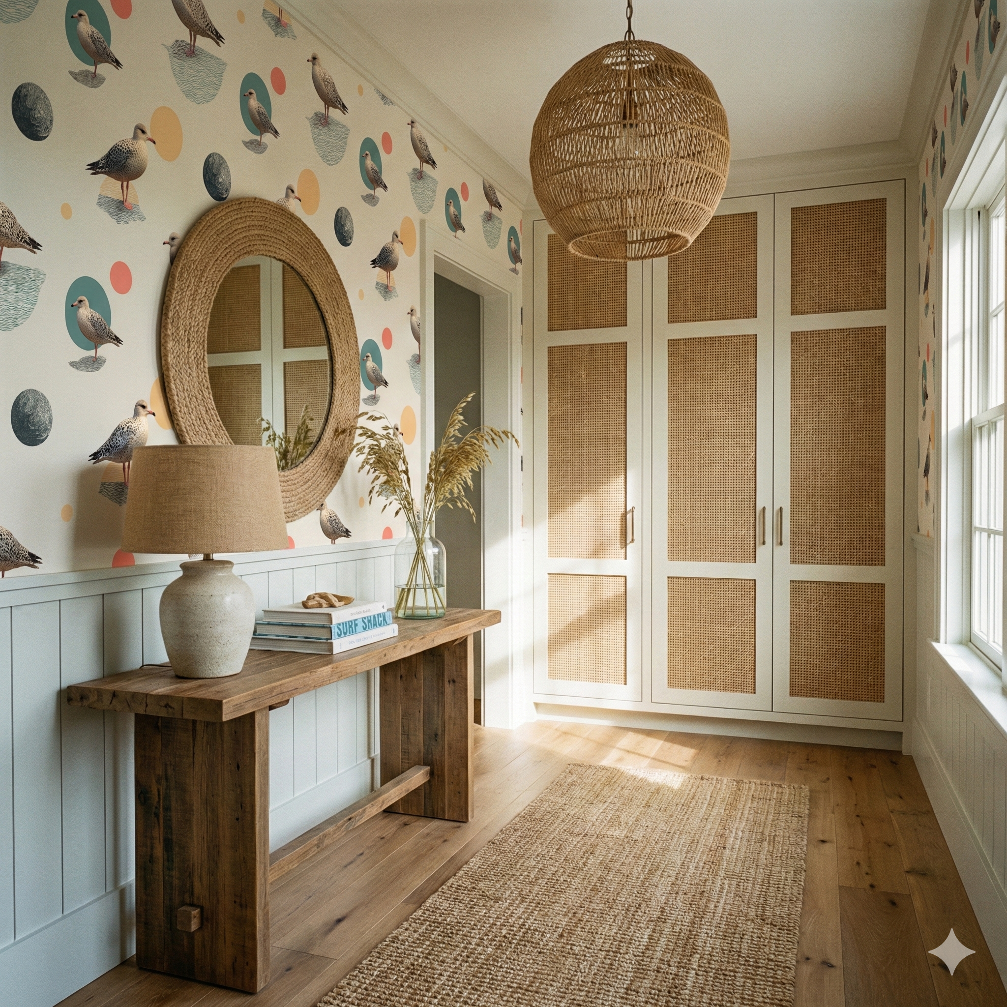 Seagull patterned wallpaper featuring blue and peach dots over cream backdrop.
