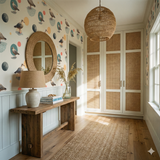 Seagull patterned wallpaper featuring blue and peach dots over cream backdrop.
