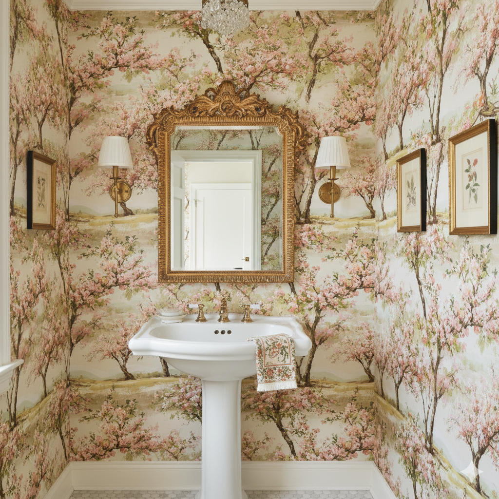 Orchard blossom rows wallpaper, showing a tree pattern with pink flowers on a light background.
