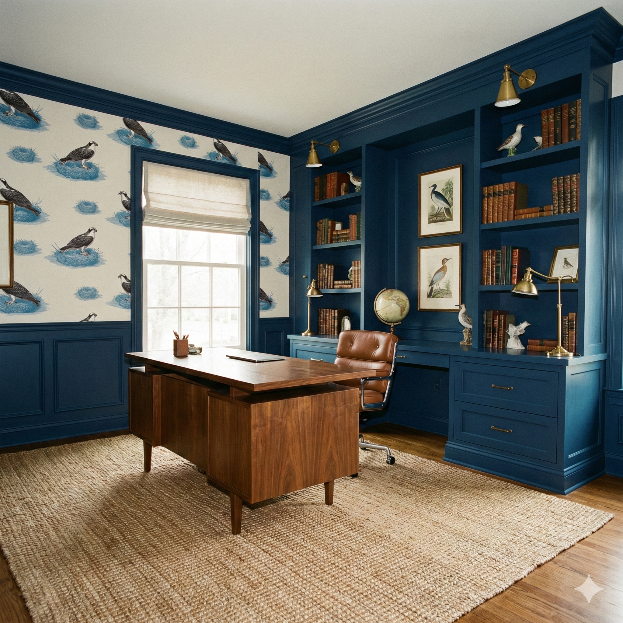 Blue Sentinel Wallpaper with bird and nest pattern, covering the top half of an elegant study room wall.