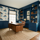 Blue Sentinel Wallpaper with bird and nest pattern, covering the top half of an elegant study room wall.