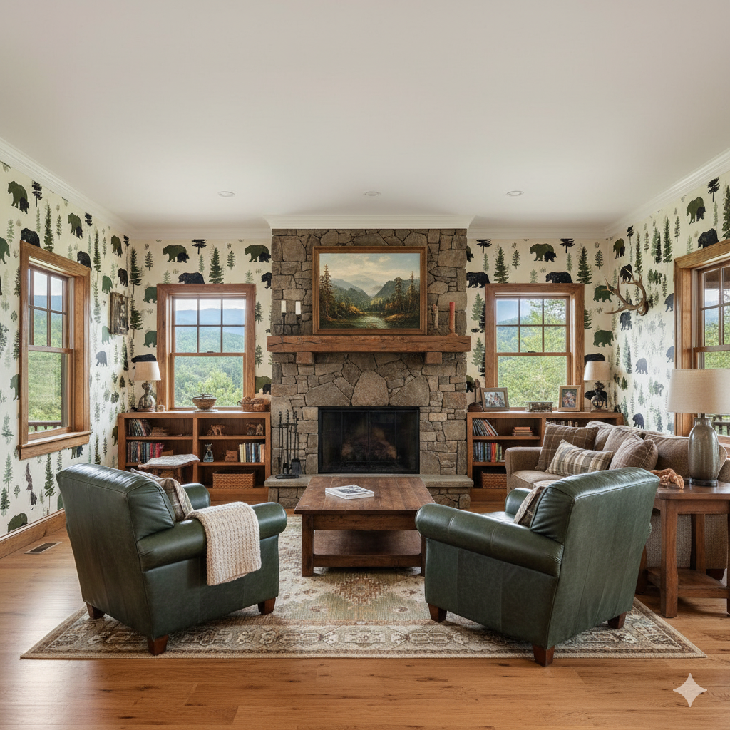 Timberline Hollow Wallpaper with bears and trees pattern, decorating a living room with a stone fireplace.
