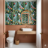 Floral cactus wallpaper featuring green, yellow, and red blooms, set in a bathroom.