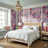 Rose Mirage wallpaper with pink bird pattern over a dreamy purple background.
