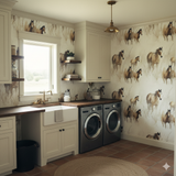 Prairiewind wallpaper featuring horse pattern over neutral background.
