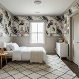 Ashwood Sentinel wallpaper with a dark owl pattern, accentuating a stylish bedroom design.